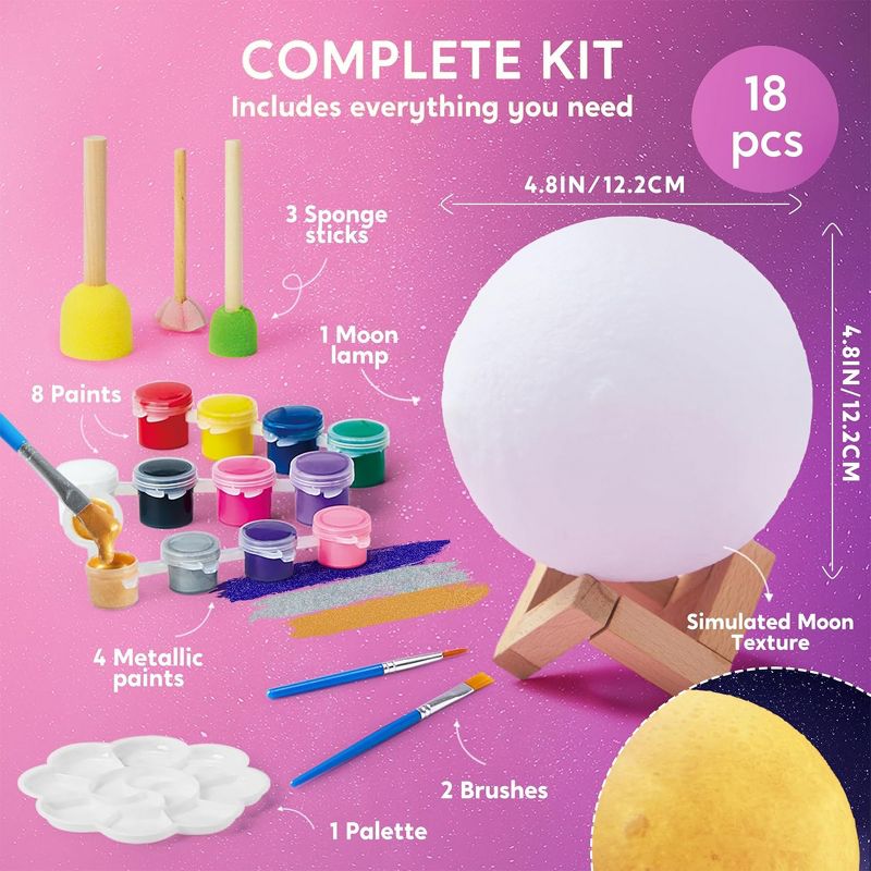 Joyfy DIY 3D Moon Lamp Painting Kit, Paint Your Own Moon Light, Arts and Crafts Kit for Kids Age 6+, Birthday Valentine’s Day Gifts for Boys Girls